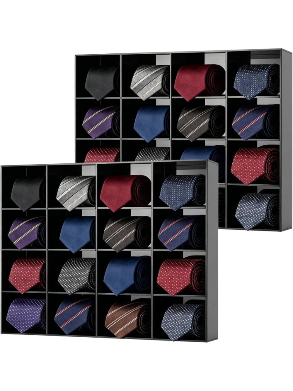 Wall-Mounted Tie Box Organizer - 2 Pack Black Acrylic with 16 Compartments for